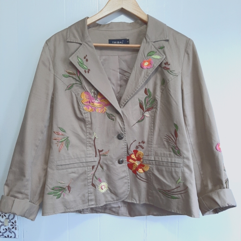 Tribal Tan Floral Embroidered Blazer